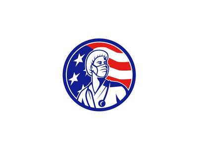 美国护士抬头看美国国旗圈(American Nurse Looking Up USA Flag Circle)