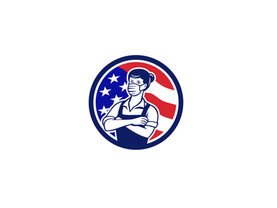 超级女工美国国旗圈复古(Female Supermarket Worker USA Flag Circle Retro)