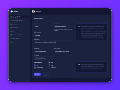 Dark Dashboard (Adobe XD) 应用程序规范（输入字段）(Dark Dashboard (Adobe XD) App Specifications (Input fields))