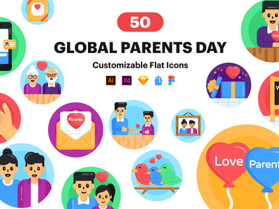 50 全球父母节平面图标(50 Global Parents Day Flat Icon)