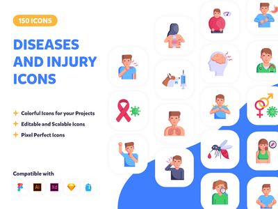 100 个扁平疾病和损伤图标(100 Flat Diseases and injury Icons)
