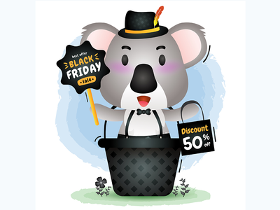 黑色星期五促销，篮子里有一只可爱的考拉(Black friday sale with a cute koala in the basket)