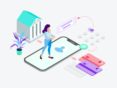 在数字钱包等轴测图上链接银行账户(Link Bank Accounts on Digital Wallet Isometric Illustration)