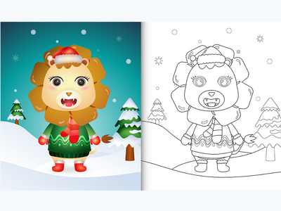 带有可爱的狮子圣诞人物的图画书(coloring book with a cute lion christmas characters)
