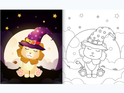 着色书与可爱的卡通万圣节女巫狮子在月亮前(coloring book with a cute cartoon halloween witch lion front the moon)