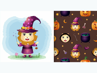 一只可爱的狮子，带有万圣节服装无缝图案(a cute lion with costume halloween character seamless pattern)