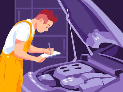 汽车修理工在车库工作时在剪贴板上写字(Car repairman writing on his clipboard while working at the garage)