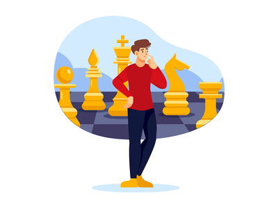 商人站在棋盘上思考(Businessman standing while thinking on chessboard)