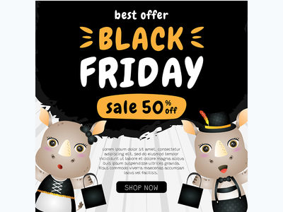 带有可爱犀牛插图的黑色星期五折扣横幅(spacial discount black friday banner with cute rhino illustration)