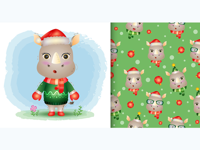 犀牛圣诞人物系列，带帽子、夹克和围巾。(rhino christmas characters collection with a hat, jacket and scarf.)