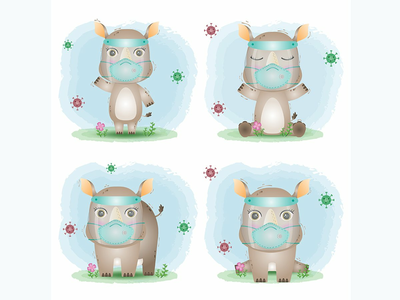 使用面罩和面具系列的可爱犀牛(cute rhino using face shield and mask collection)