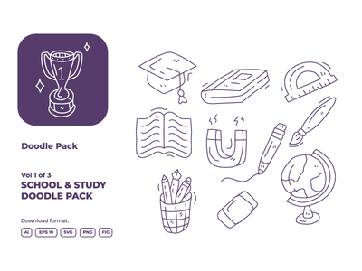 第 1 卷，共 3 套手绘涂鸦学校和学习图标插图(Vol 1 of 3 Set of hand drawn doodle school and study icon illustration)