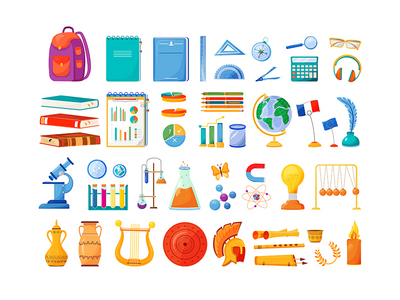 学校科目和用品平面颜色矢量对象集(School subjects and supplies flat color vector objects set)
