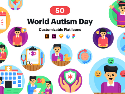 自闭症图标-50 个自闭症日矢量(Autism Icons - 50 Autism Day Vectors)