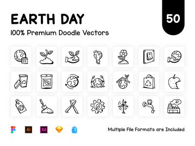 50 涂鸦地球日矢量图标(50 Doodle Earth Day Vector Icons)