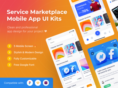 服务市场移动应用程序 UI 工具包模板(Service Marketplace Mobile App UI Kits Template)