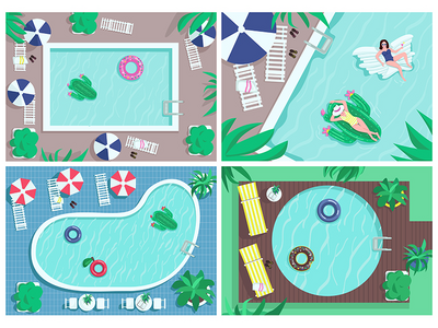 顶视图池平面彩色矢量插图集(Top view pool flat color vector illustrations set)