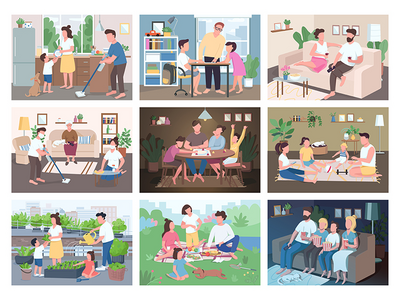 家庭常规平面彩色矢量插图集(Family routine flat color vector illustrations set)