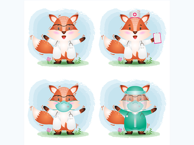 可爱的狐狸与医务人员团队医生和护士服装系列(cute fox with medical staff team doctor and nurse costume collection)