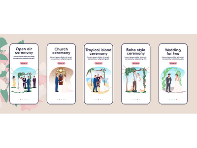 婚礼入职移动应用屏幕平面矢量模板(Wedding ceremony onboarding mobile app screen flat vector template)