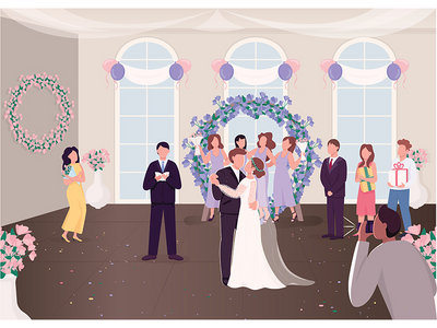 婚礼庆典平彩矢量图(Wedding ceremony celebration flat color vector illustration)