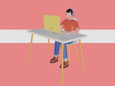 自由职业者在她家用电脑工作的 3d 插图(3d illustration of Freelancer working on computer at her house)