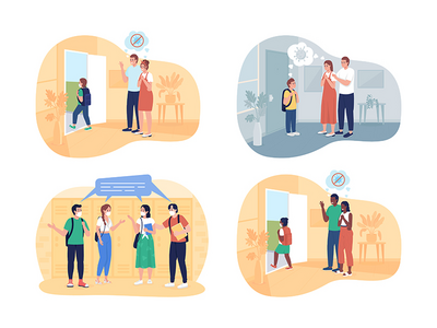 大流行返回学校后 2D 矢量隔离插图集(After pandemic returning to school 2D vector isolated illustration set)