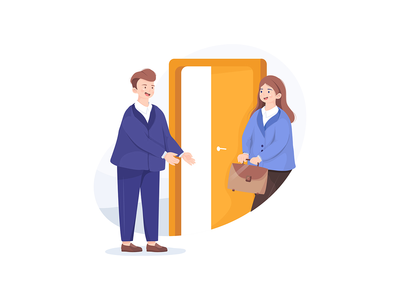 商人邀请女人到办公室。(Businessman invites woman to the office.)