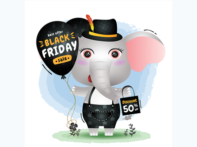 黑色星期五销售与可爱的大象举行气球促销(Black friday sale with a cute elephant hold balloon promotion)