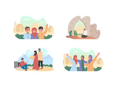 阿拉伯文化 2D 矢量网页横幅、海报集(Arabian culture 2D vector web banner, poster set)