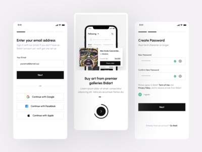BidArt - 艺术竞拍移动应用程序（首次启动和登录）(BidArt - Art Bidding Mobile App (First Launch & Login))