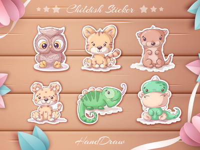 幼稚的卡通人物集动物(Childish Cartoon Character Set Animal)