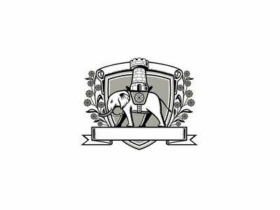 纹章与大象穿鞍与城堡荆条花木刻(Coat of Arms with Elephant Wearing Saddle with Castle Wattle Flower Woodcut)