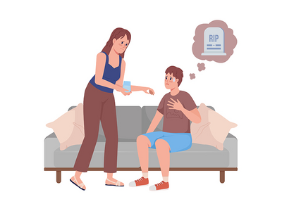 男孩有死亡恐惧症半平面彩色矢量字符(Boy has death phobia semi flat color vector characters)