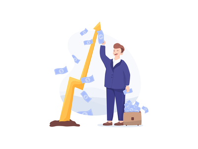 一个穿西装的男人从一棵摇钱树上收获美元(A man in a suit reaps greenbacks from a money tree)