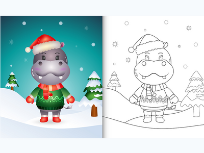 带有可爱河马圣诞人物的图画书(coloring book with a cute hippo christmas characters)