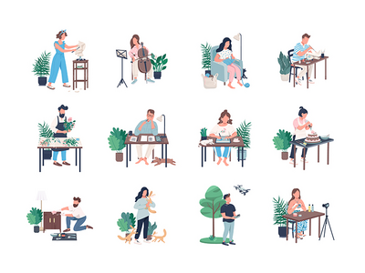 创意爱好平面颜色矢量不露面字符集(Creative hobby flat color vector faceless characters set)