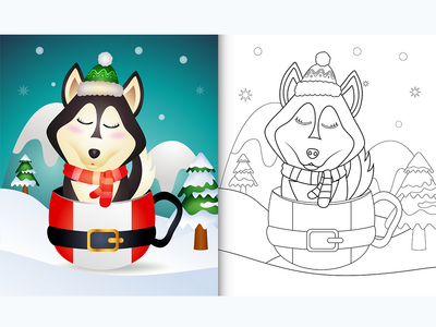 带有可爱的哈士奇狗圣诞人物的着色书(coloring book with a cute husky dog christmas characters)