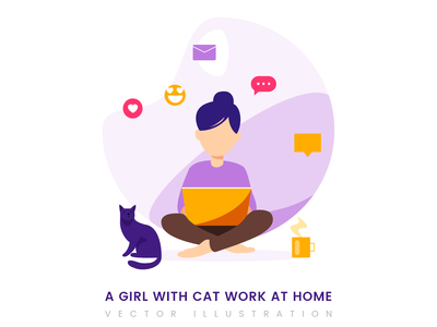 一个带着猫在家工作的女孩插画(A girl with cat work at home illustration)