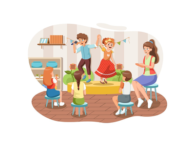 可爱的男孩和女孩在朋友和同学面前表演。(Cute boy and girl performing in front of friends and schoolmates.)