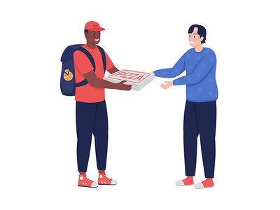 送披萨给买家半平面彩色矢量字符的快递员(Courier giving pizza to buyer semi flat color vector characters)