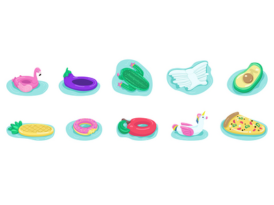 气垫平面颜色矢量对象集(Air mattresses flat color vector objects set)