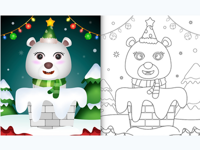 用帽子和围巾在烟囱里为可爱的北极熊孩子着色书(coloring book for kids with a cute polar bear using hat and scarf in chimney)