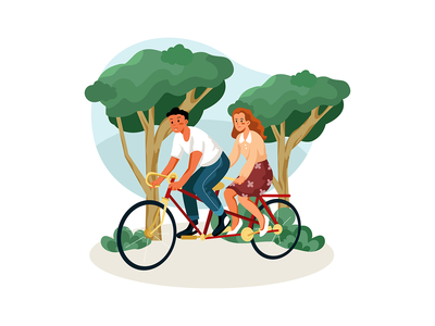 一对夫妇在公园里骑着双人自行车(Couple cycling on a double bike in the park)
