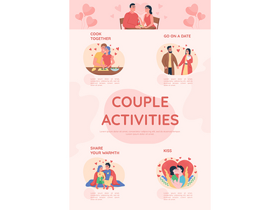 情侣活动平面颜色矢量图模板(Couple activities flat color vector infographic template)