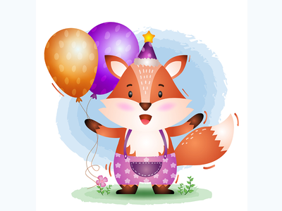 一只可爱的狐狸，戴着生日帽，拿着气球(a cute fox using birthday hat and holds balloon)