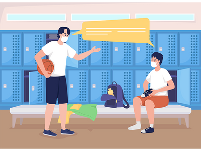 男孩换健身房平面彩色矢量图(Boys changing for gym flat color vector illustration)