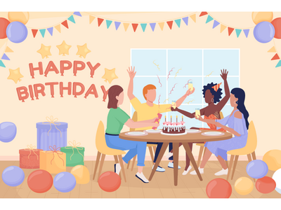 生日聚会平面彩色矢量图(Birthday party flat color vector illustration)
