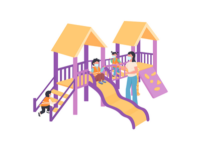 操场上戴医用口罩的儿童和保姆平面彩色矢量图(Children and babysitter in medical mask on playground flat color vector)