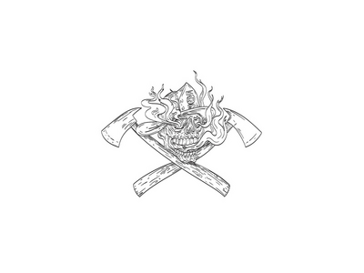 美国消防员头骨戴着消防员帽穿过火斧纹身绘图(American Fireman Skull Wearing Firefighter Hat Crossed Fire Axe Tattoo Drawing)
